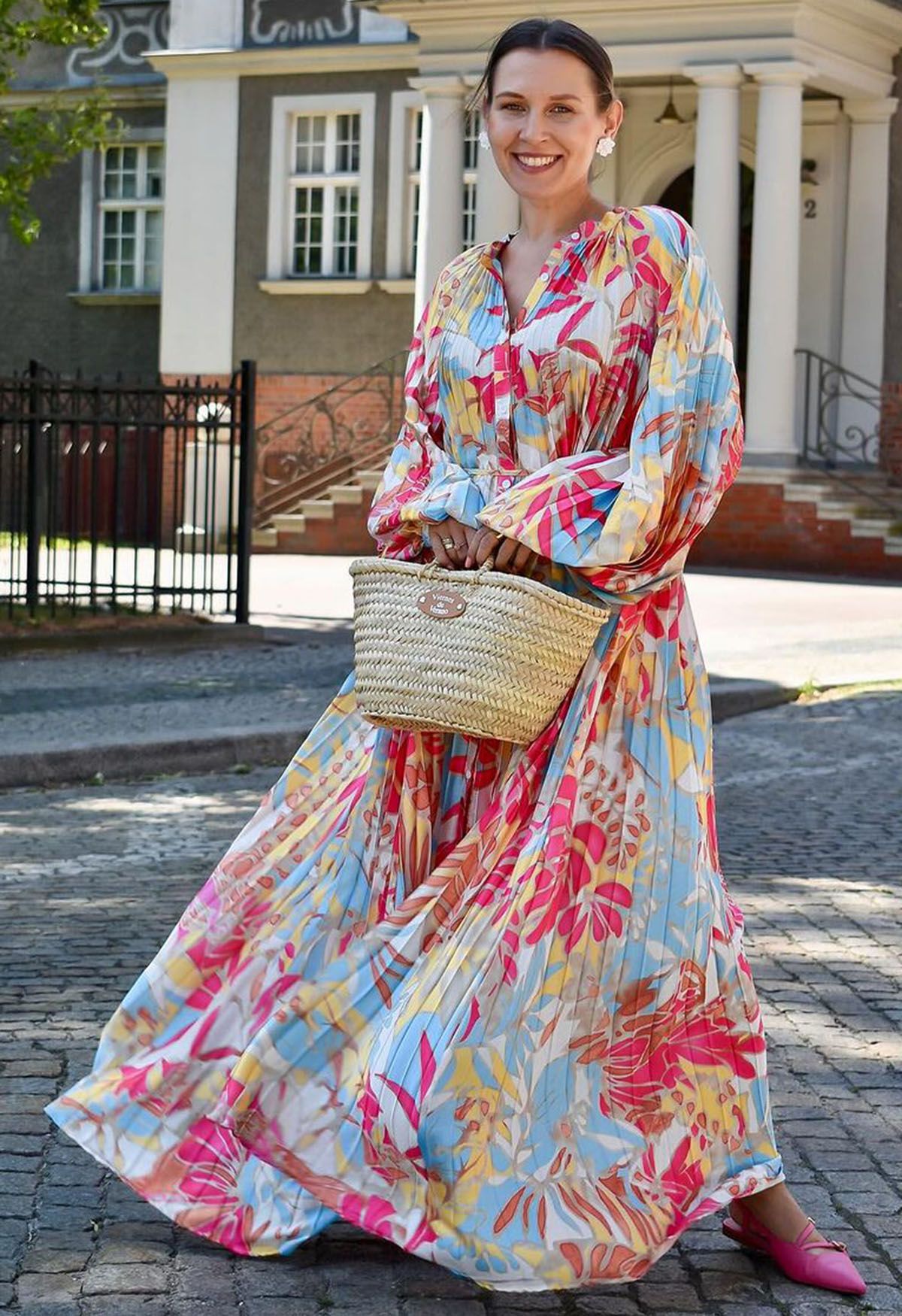 Coral Tropical Printed Full Pleats Button Down Asymmetric Maxi Dress