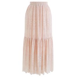 Frill Hem Full Floral Lace Midi Skirt in Peach