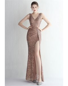 Glittering Sequin V-Neck Slit Gown in Rose Gold