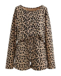 Leopard Print Long Sleeves Top and Drawstring Shorts Set