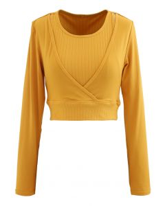Fake Two-Piece Sleeves Cropped Sports Top in Orange