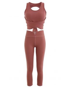 Open Back Bowknot Waist Sports Bra and Crop Leggings Sets in Coral