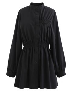 Asymmetric Shirred Button Down Shirt Dress in Black