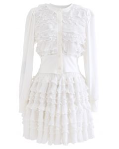 Tiered Ripple Padded Cardigan and Skirt Set in White