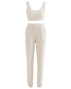 Soft Touch Cami Sports Bra and Joggers Set in Cream