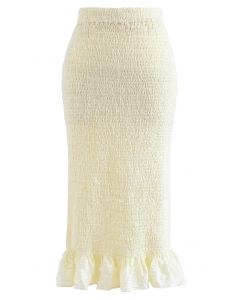 Frill Hem Full Shirring Pencil Skirt in Cream