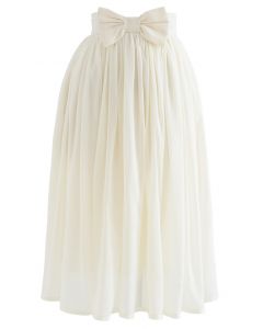 Bowknot Waist Chiffon Pleated Midi Skirt in Ivory
