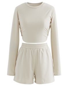 Cutout Tie Back Crop Top and Shorts Set in Light Tan