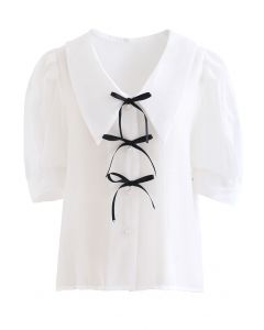 Collared Bowknot Buttoned Shirt in White