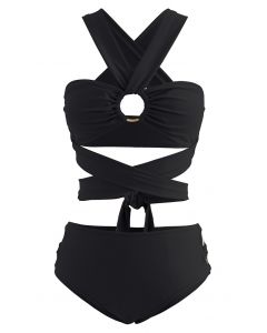 Halter Neck O-Ring Bikini Set in Black