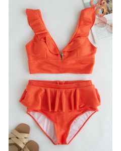 Zippered Back Ruffle Bikini Set in Orange