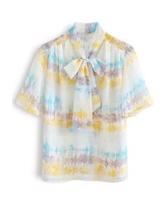 Abstract Print Flock Dots Bowknot Semi-Sheer Shirt in Yellow