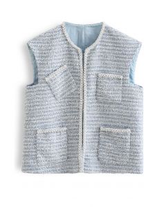 Pearly Edge Pocket Tweed Vest Jacket in Blue