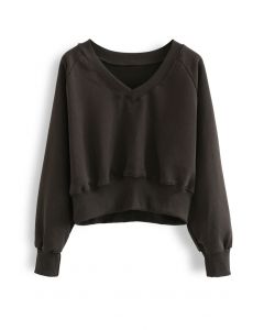 Cotton V-Neck Oversized Crop Sweatshirt in Brown