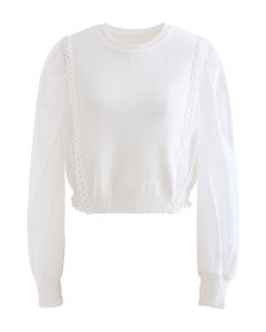Spliced Sheer-Sleeve Crop Knit Top in White