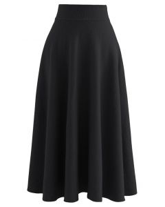 Fuzzy Soft Knit A-Line Midi Skirt in Black