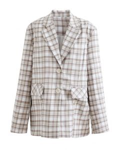Plaid Single Breasted Buttoned Hem Blazer in Sand