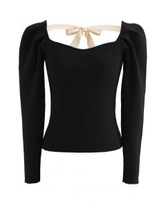 Gigot Sleeve Square Neck Crop Knit Top in Black