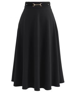 Horsebit Decorated A-Line Midi Skirt in Black