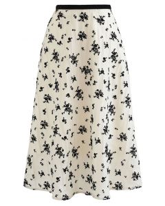 Posy Overlay Mesh Pleated Midi Skirt in Cream