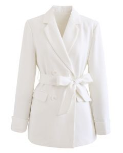 Self-Tied Bowknot Double-Breasted Blazer in White