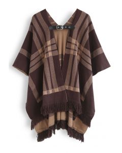Belted Check Printed Tassel Poncho in Brown