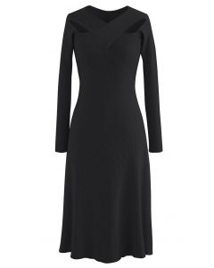 Cross Wrap Cutout Rib Knit Midi Dress in Black