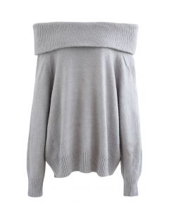 Off-Shoulder Comfy Knit Sweater in Grey