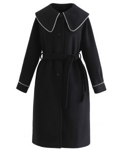 Pearl Edge Button Down Longline Wool-Blend Coat in Black