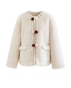 Contrast Ball Decorated Faux Fur Suede Coat in Cream