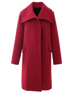 Point-Collar Button Up Wool-Blend Coat in Red