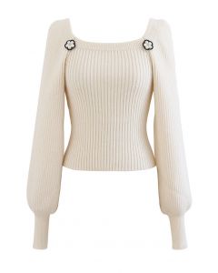 Pearly Flower Square Neck Crop Knit Top in Ivory
