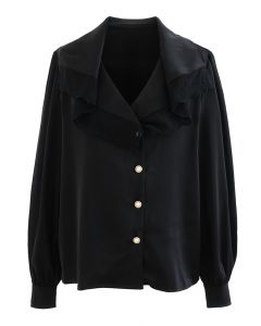 Lacy Collar Button Down Satin Shirt in Black