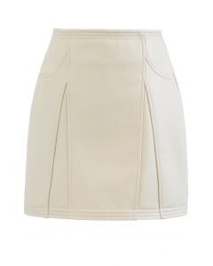 Seam Detailing Faux Leather Mini Skirt in Ivory