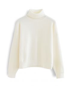 Turtleneck Tender Ribbed Knit Sweater in White