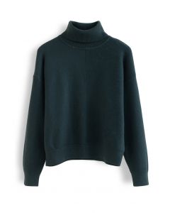 Turtleneck Tender Ribbed Knit Sweater in Dark Green