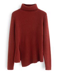 Turtleneck Asymmetric Split Hem Knit Sweater in Red