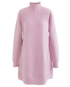 Braided Side High Neck Longline Sweater in Pink