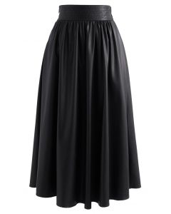 Stitched Waist Faux Leather Midi Skirt in Black