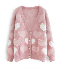 Pearly Contrast Heart Soft Fuzzy Knit Cardigan in Pink
