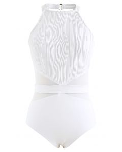 Pintuck Decor Mesh Spliced Swimsuit in White
