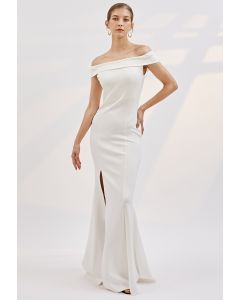 Folded Off-Shoulder Slit Mermaid Gown in White