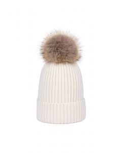 Pom-Pom Ribbed Knit Beanie Hat in Ivory