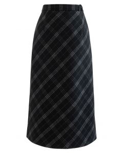 Plaid Print Wool-Blend Pencil Midi Skirt in Black