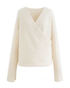 Long Sleeve V-Neck Wrapped Sweater in Cream