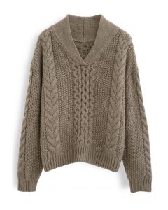 Attractive V-Neck Chunky Knit Sweater in Brown
