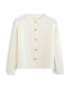 Golden Heart Button Crop Fitted Cardigan in Ivory