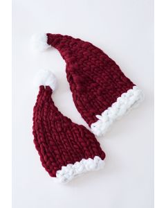 Braided Hand-Knit Pom-Pom Christmas Hat in Burgundy