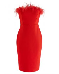 Feather Trim Bodycon Tube Cocktail Dress in Red