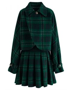 Metallic Plaid Tweed Crop Jacket and Pleated Skirt Set in Green